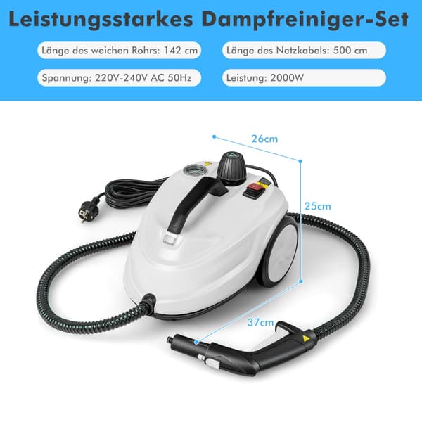 Bærbar 2000W damprenser, 15-delers tilbehørssett