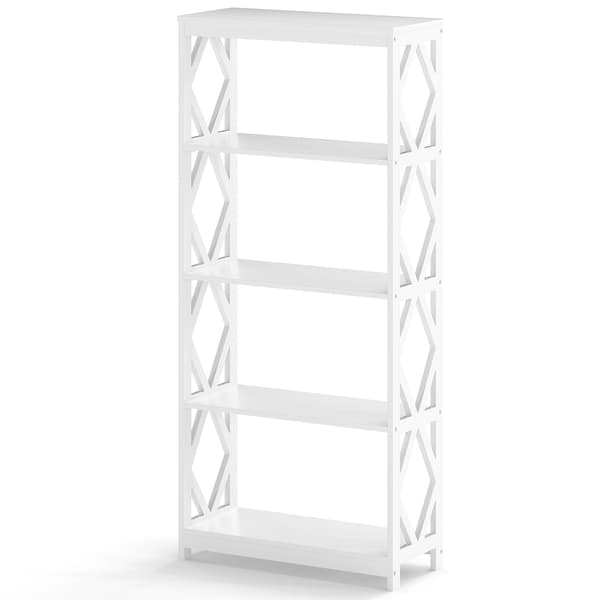 Åpen bokhylle med 5 etasjer, hvit MDF, rombedesign