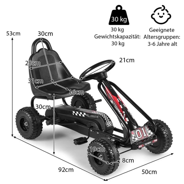 Pedal Gokart til børn, justerbart sæde, håndbremse, sort