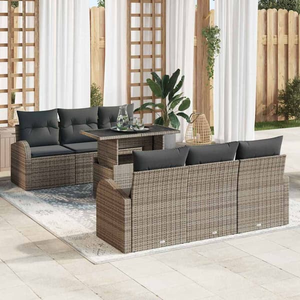 vidaXL Trädgårdsoffset med kudde med lagring 7 pcs Grå Poly Rattan