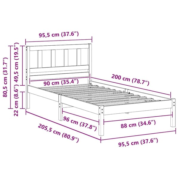 vidaXL Sengestamme med hodegjerde Hvit 90 x 200 cm Massiv furu