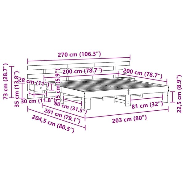 vidaXL Sengestamme med hodegjerde Brun 200 x 200 cm Massiv furu