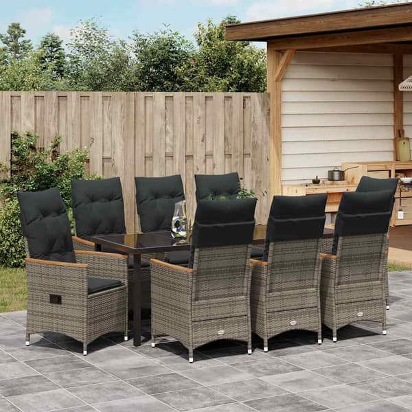 vidaXL Trädgårdsmöbelset med kudde 9 pcs Grå konstrotting