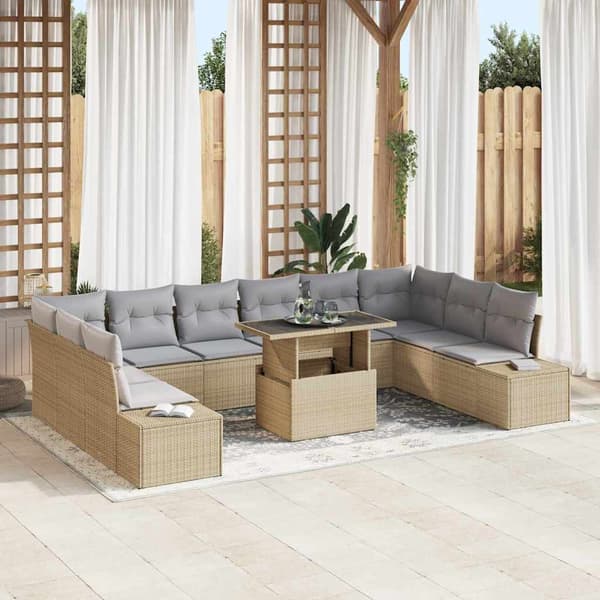 vidaXL Trädgårdsoffset med lagring 11 pcs Beige Poly rattan