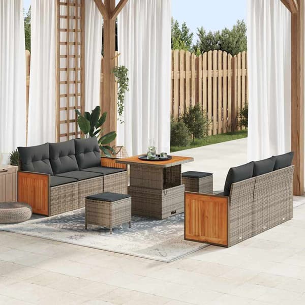 vidaXL Trädgårdsoffset 9 pcs Grå Poly Rattan och Pulverlackerad Stål