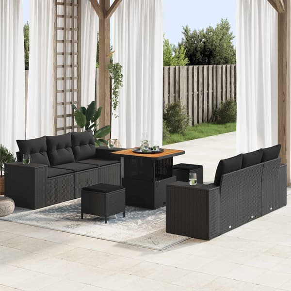 vidaXL Trädgårdsoffset med kudde 9 pcs Svart Poly rattan