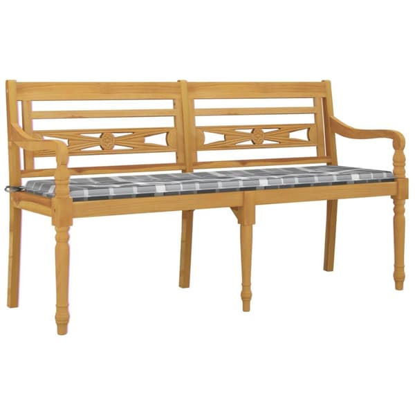 vidaXL Bataviabänk med grårutig dyna 150 cm massiv teak