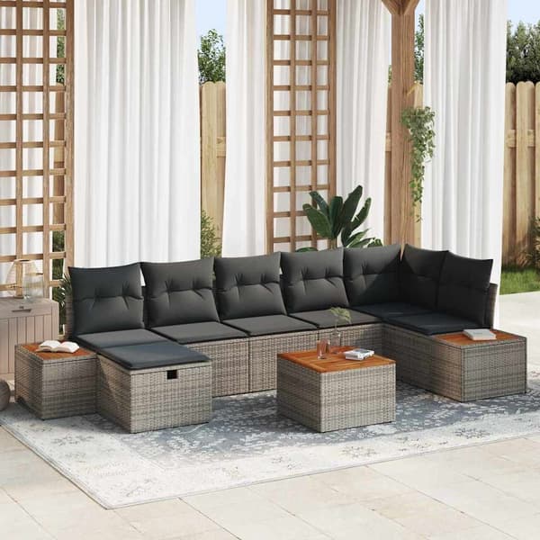 vidaXL Trädgårdsoffset med kudde 8 pcs Grå Poly rattan