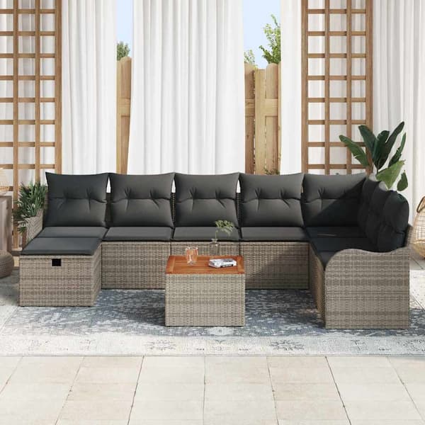vidaXL Trädgårdsoffset med kudde med lagring 9 pcs Grå Poly rattan