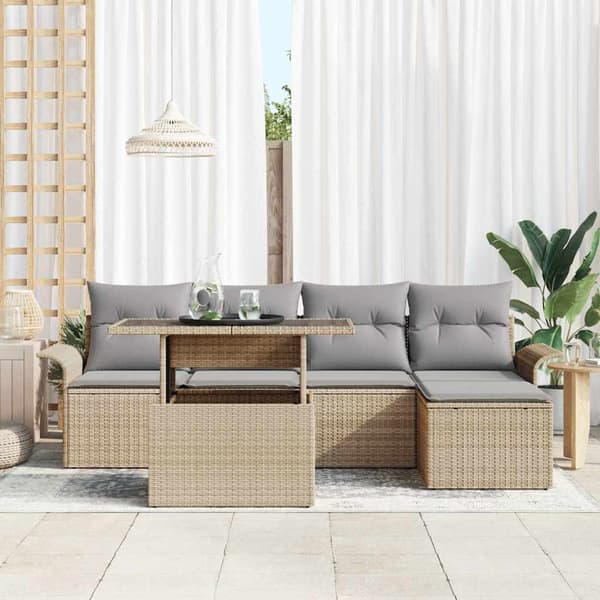 vidaXL Trädgårdsoffset med kudde 6 pcs Beige konstrotting