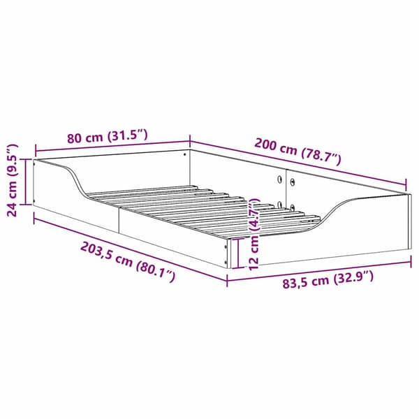 vidaXL Sängram Vit 80 x 200 cm Massiv furu
