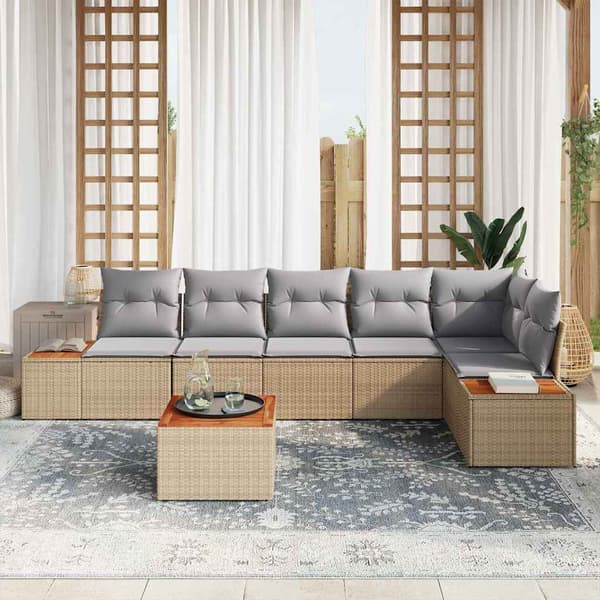 vidaXL Trädgårdsoffset med kudde 7 pcs Beige Poly rattan