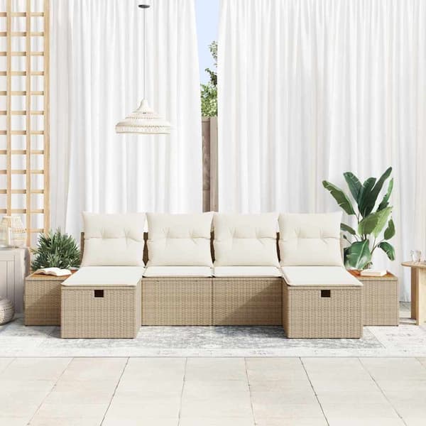 vidaXL Trädgårdsoffset med kudde 6 pcs Beige Poly rattan
