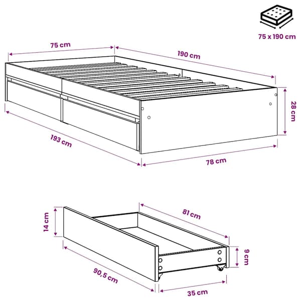 vidaXL Sengeramme med skuffer sonoma eik 75x190 cm konstruert tre