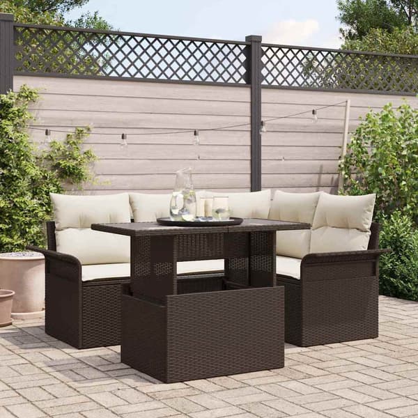 vidaXL Trädgårdsoffset med kudde 5 pcs Brun Poly rattan