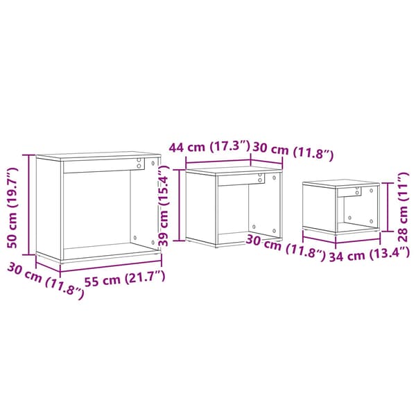 vidaXL Nesting Bord 3 pcs Svart Eik Konstruert tre