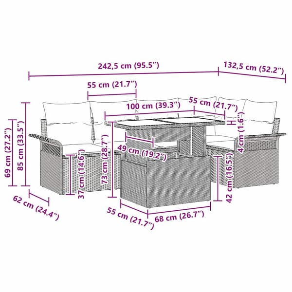vidaXL Trädgårdsoffset med kudde med lagring 6 pcs Brun Poly rattan