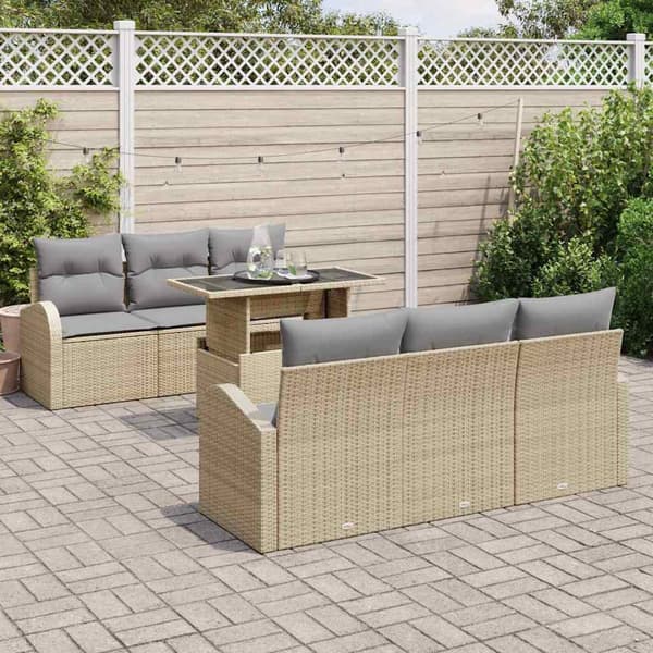 vidaXL Trädgårdsoffset med kudde med lagring 7 pcs Beige Poly Rattan