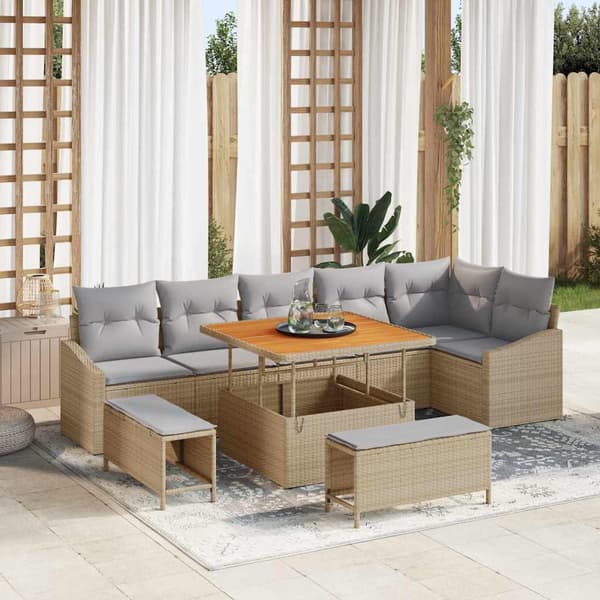 vidaXL Trädgårdsoffset med kudde 9 pcs Beige konstrotting