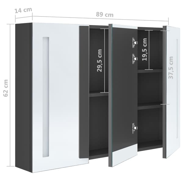 vidaXL LED-speilskap til bad 89x14x62 cm grå