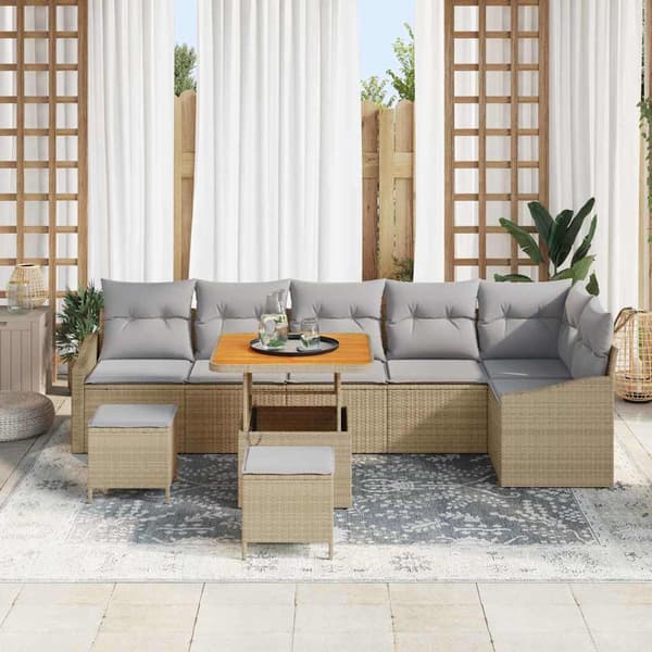 vidaXL Trädgårdsoffset med kudde 9 pcs Beige konstrotting