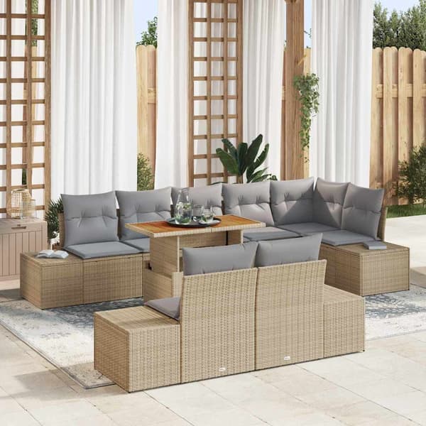 vidaXL Trädgårdsmöbelset med kudde 9 pcs Beige och Grå