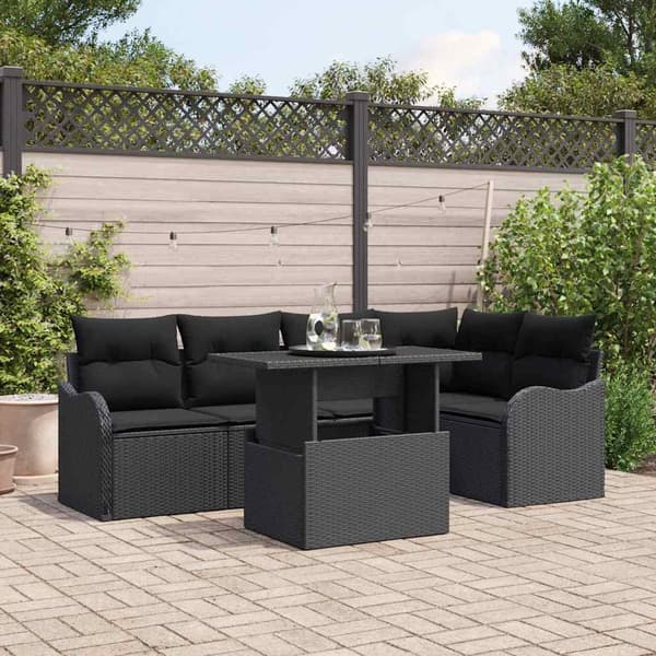 vidaXL Trädgårdsoffset med kudde med kudde 6 pcs Svart Poly Rattan