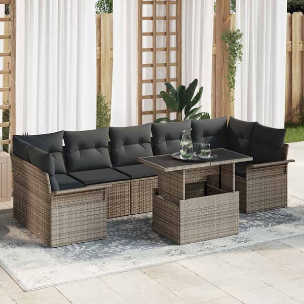 vidaXL Trädgårdsoffset med kudde med lagring 8 pcs Grå Poly rattan