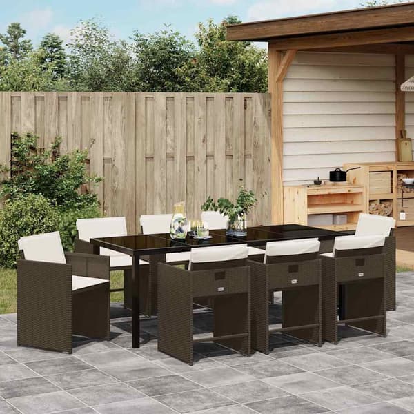 vidaXL Trädgårdsmöbelset med kudde 9 pcs Brun konstrotting