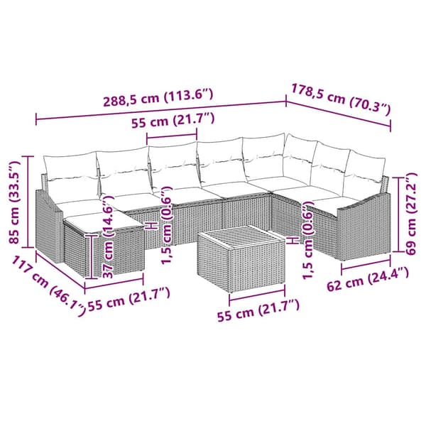 vidaXL Trädgårdsoffset med kudde 9 pcs Beige konstrotting