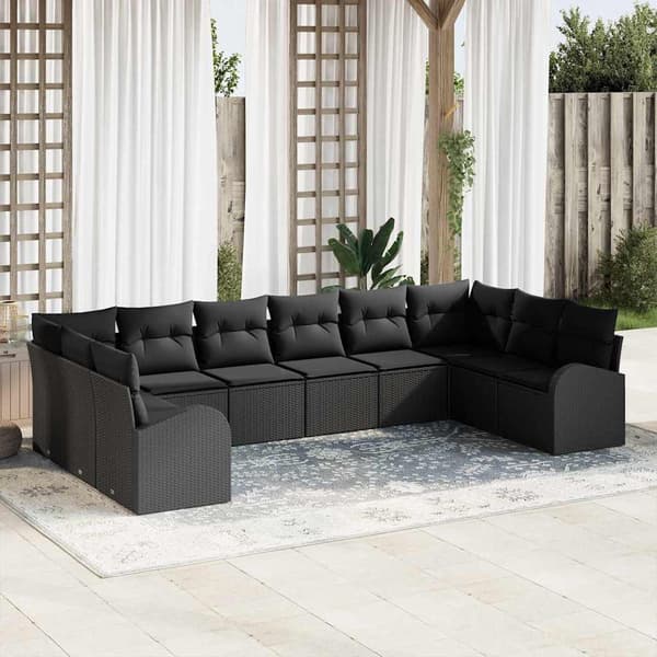 vidaXL Soffset med kudde 10 pcs Svart Polyrattan
