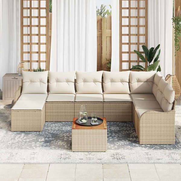 vidaXL Trädgårdsoffset med kudde 9 pcs Beige konstrotting
