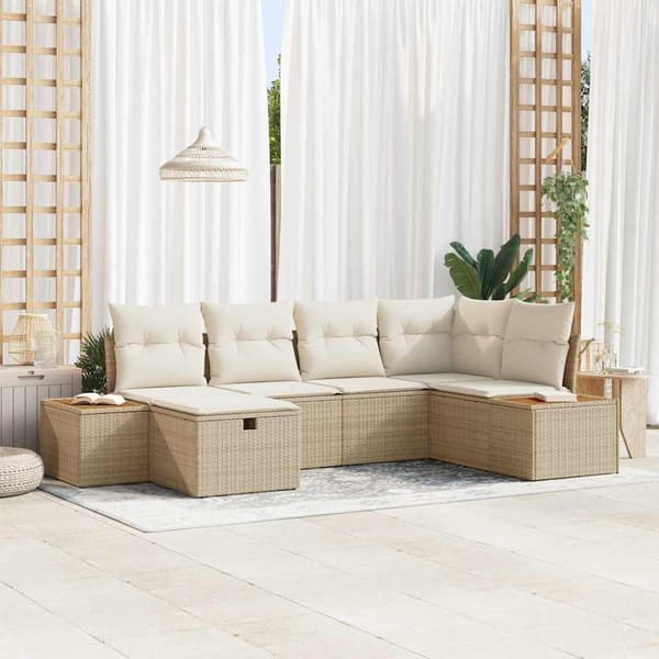 vidaXL Trädgårdsoffset med kudde 6 pcs Beige Poly rattan