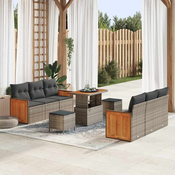 vidaXL Trädgårdsoffset 9 pcs Grå Poly Rattan och Pulverlackerad Stål