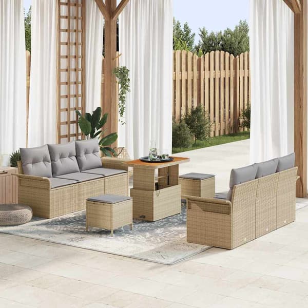 vidaXL Trädgårdsoffset med kudde 9 pcs Beige konstrotting
