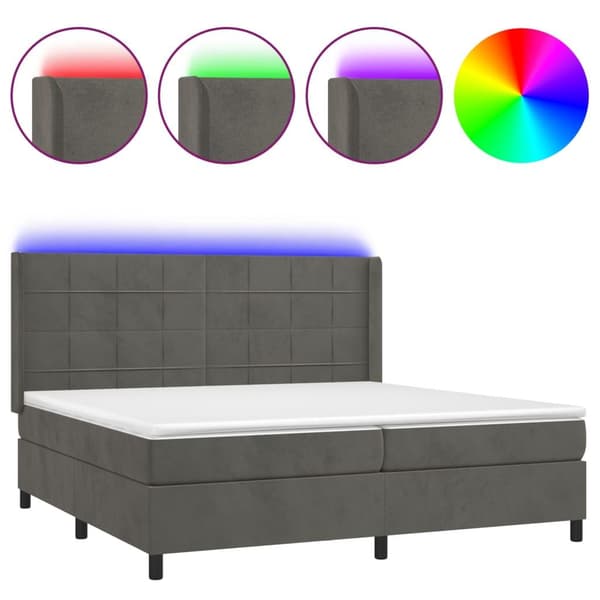 vidaXL Ramsäng med madrass & LED mörkgrå 200x200 cm sammet