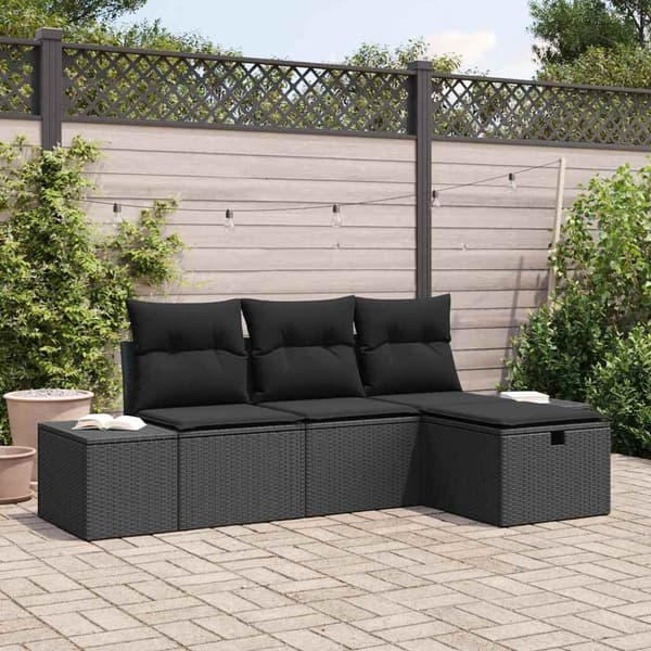 vidaXL Trädgårdsoffset med kudde 4 pcs Svart Poly rattan
