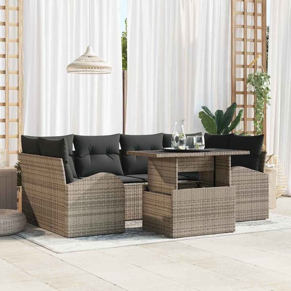 vidaXL Trädgårdsoffset med kudde med lagring 7 pcs Grå Poly Rattan