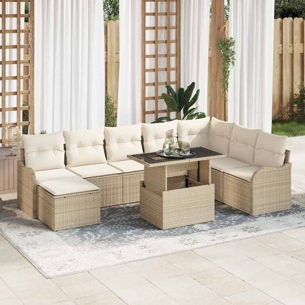 vidaXL Trädgårdsoffset med kudde 9 pcs Beige Poly rattan