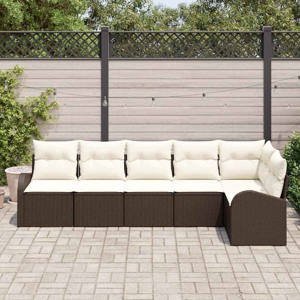vidaXL Trädgårdsoffset med kudde 6 pcs Brun Poly rattan