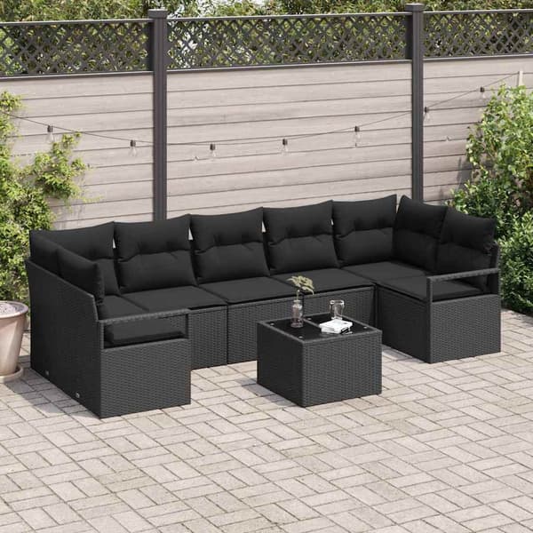 vidaXL Trädgårdsoffset 8 pcs Svart Konstrotting, Stål och Glas