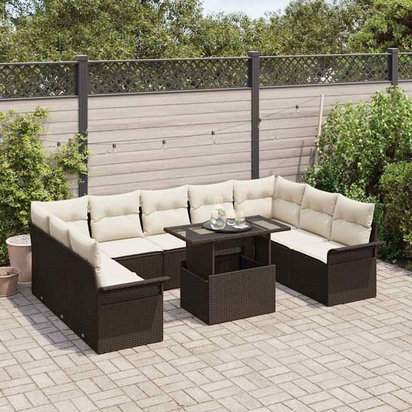 vidaXL Trädgårdsoffset med kudde 10 pcs Brun Poly rattan