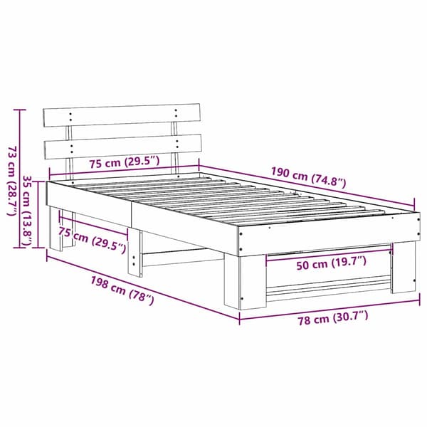 vidaXL Sengestamme med hodegjerde Brun 75 x 190 cm Massiv furu