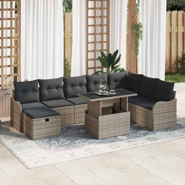 vidaXL Trädgårdsoffset med kudde med lagring 9 pcs Grå Poly rattan
