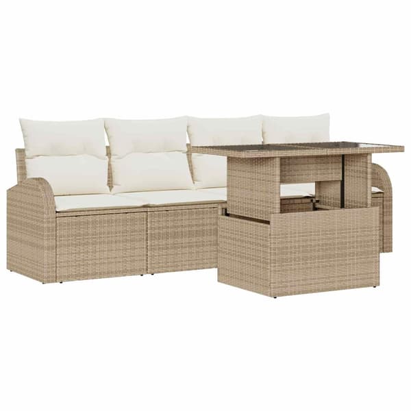 vidaXL Trädgårdsoffset med kudde med kudde 5 pcs Beige Poly Rattan