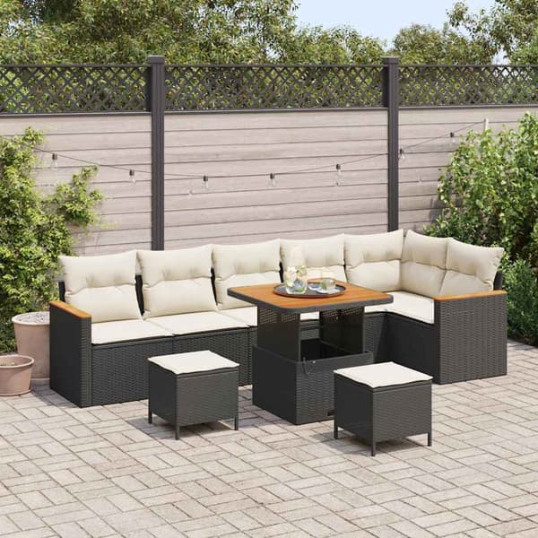 vidaXL Trädgårdsoffset med kudde 9 pcs Svart Poly rattan