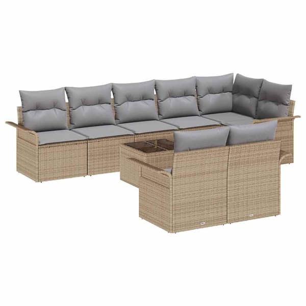 vidaXL Trädgårdsoffset med kudde 9 pcs Beige Poly rattan