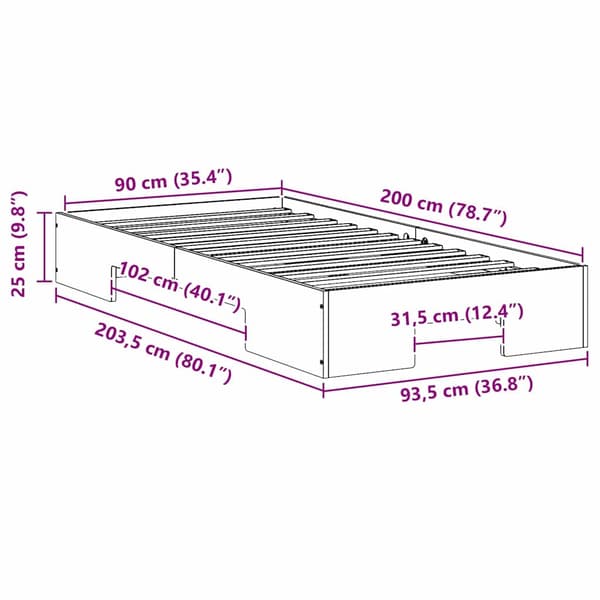 vidaXL Sängram Vit 90 x 200 cm