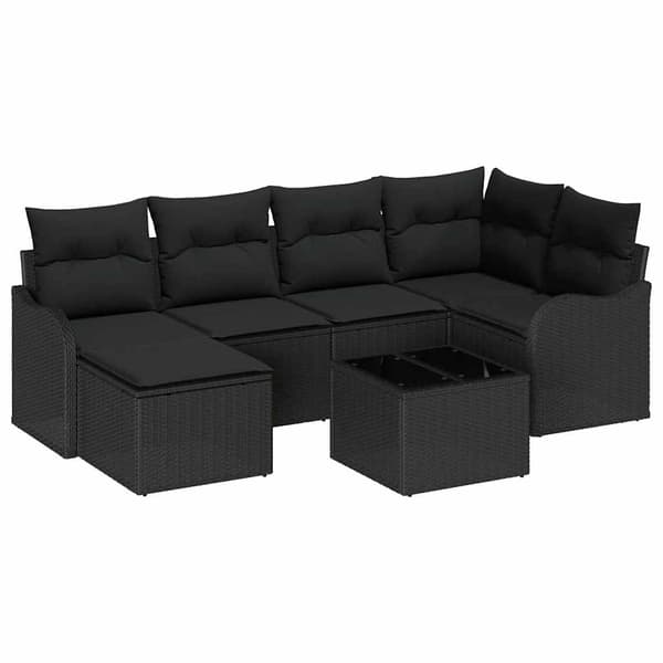 vidaXL Trädgårdsoffset med kudde 7 pcs Svart Poly rattan
