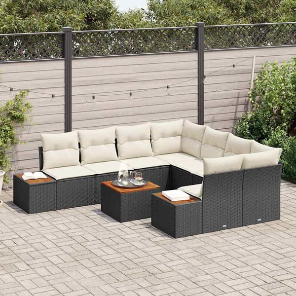 vidaXL Trädgårdsoffset med kudde 9 pcs Svart Poly rattan